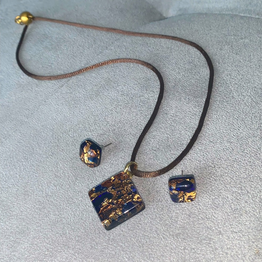 Murano Glass Square Necklace & Earrings Blue - Italy - w/ Box & certificate NWOT